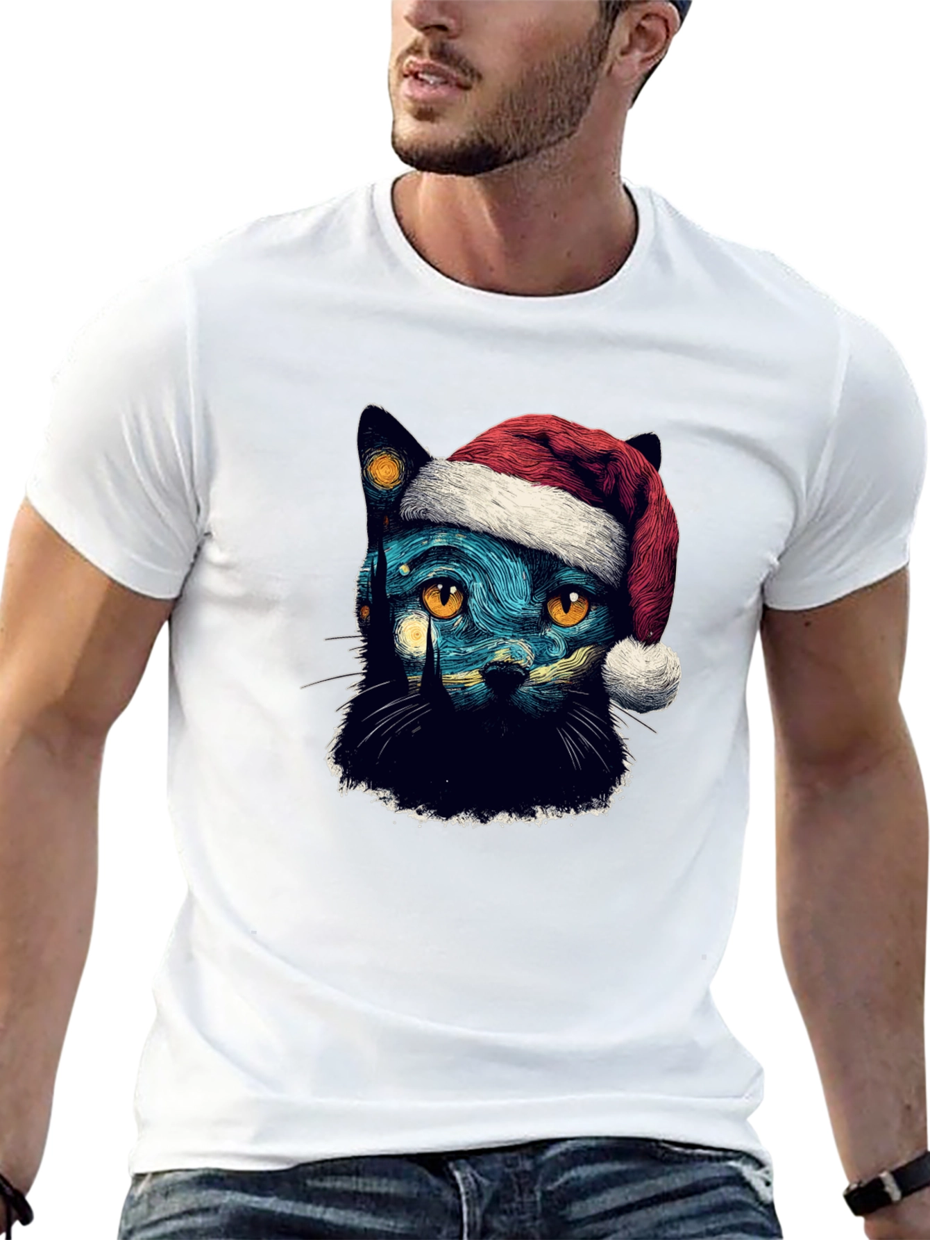 Starry Night Cat Christmas T-Shirt