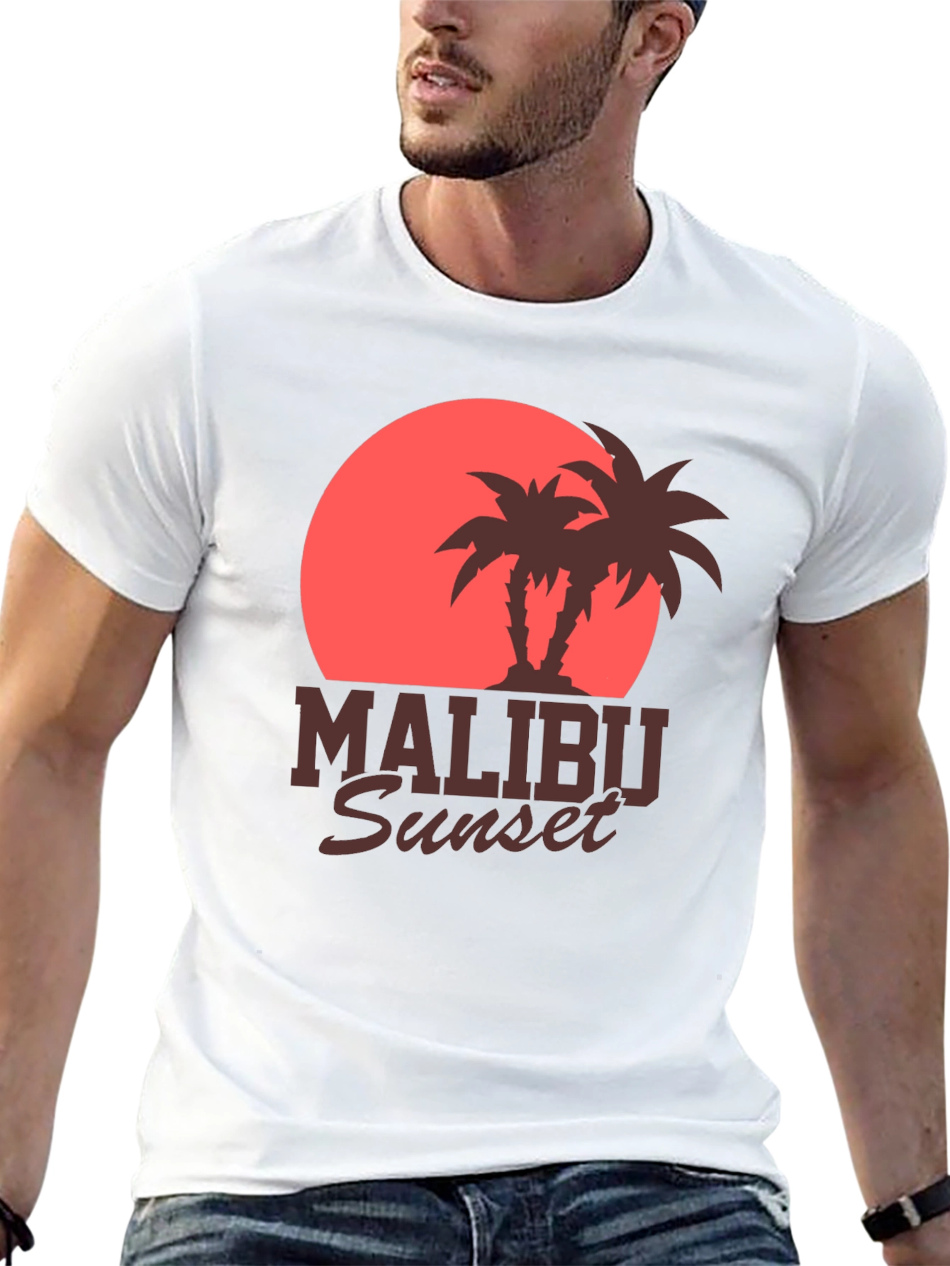 Malibu Sunset Graphic Tee - Retro Palm Tree Design