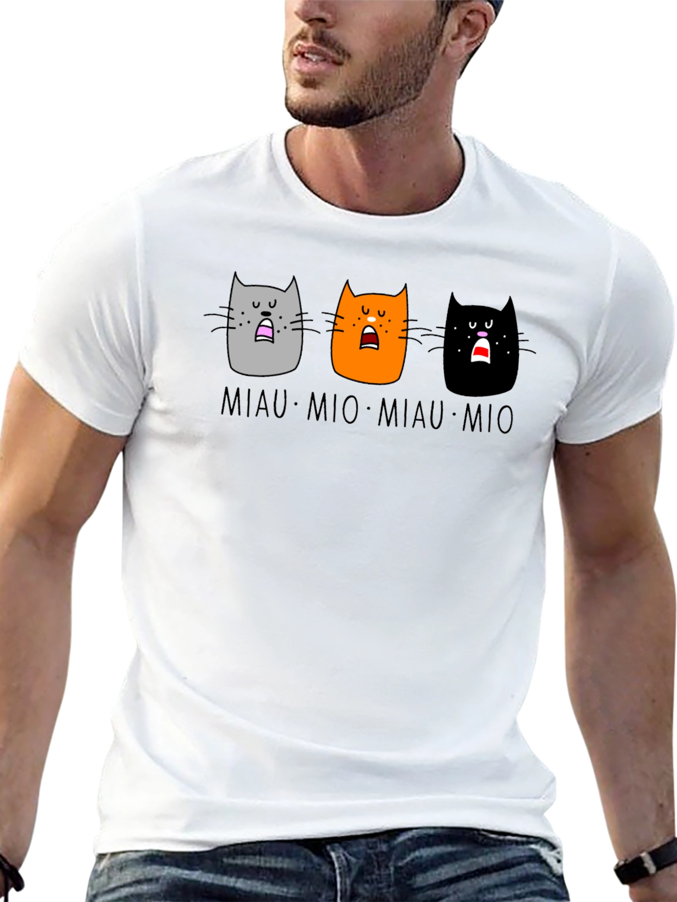 Miaow Mio Cat T-Shirt - Black Crew Neck Tee