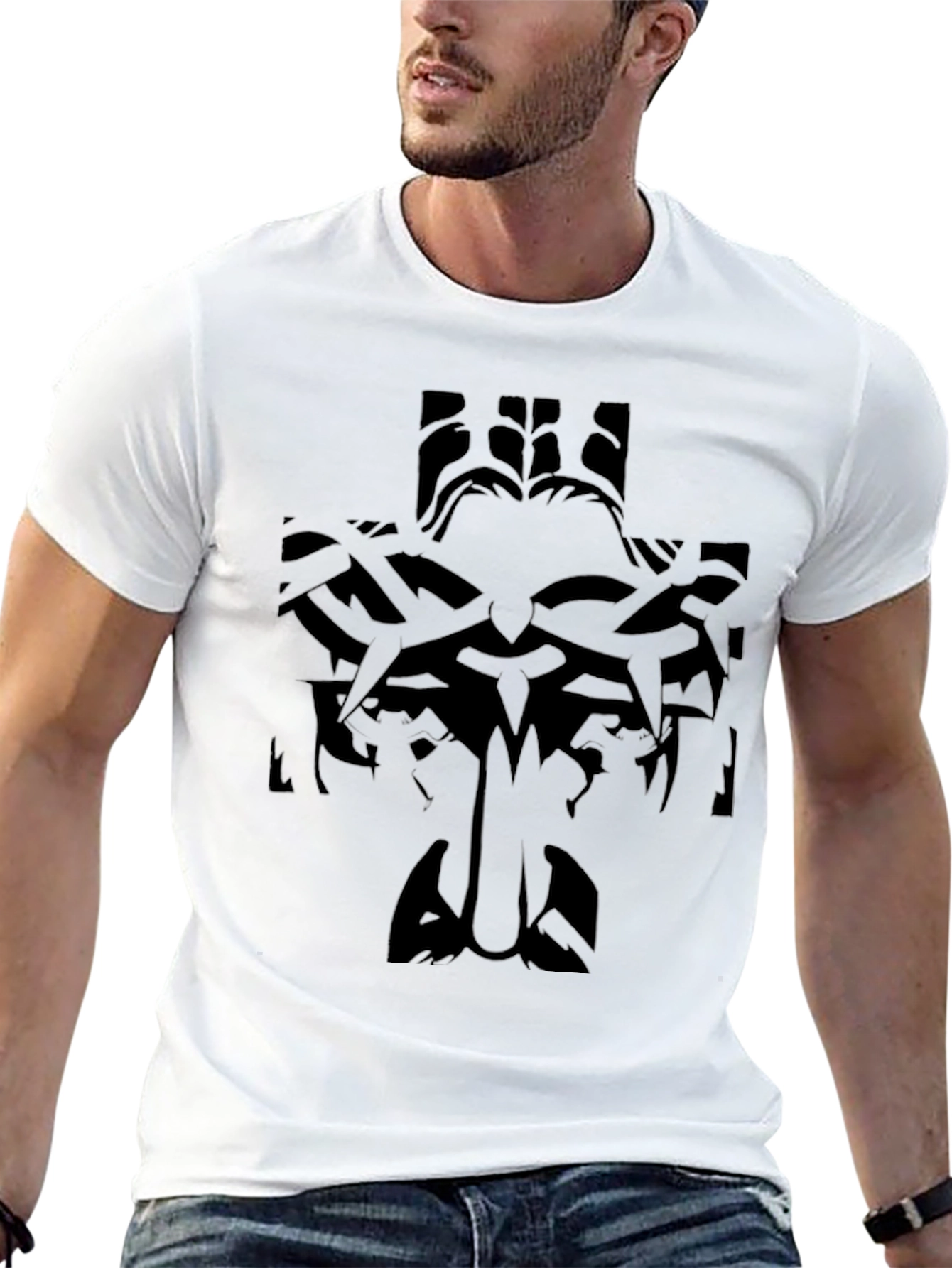 Black Graphic T-Shirt: Tribal Cross Design