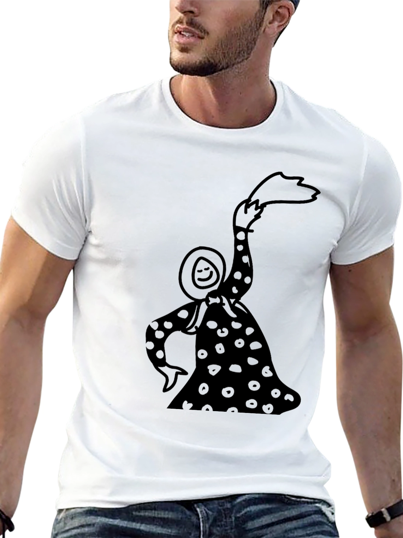 Whimsical Black T-Shirt with Illustrated Figure