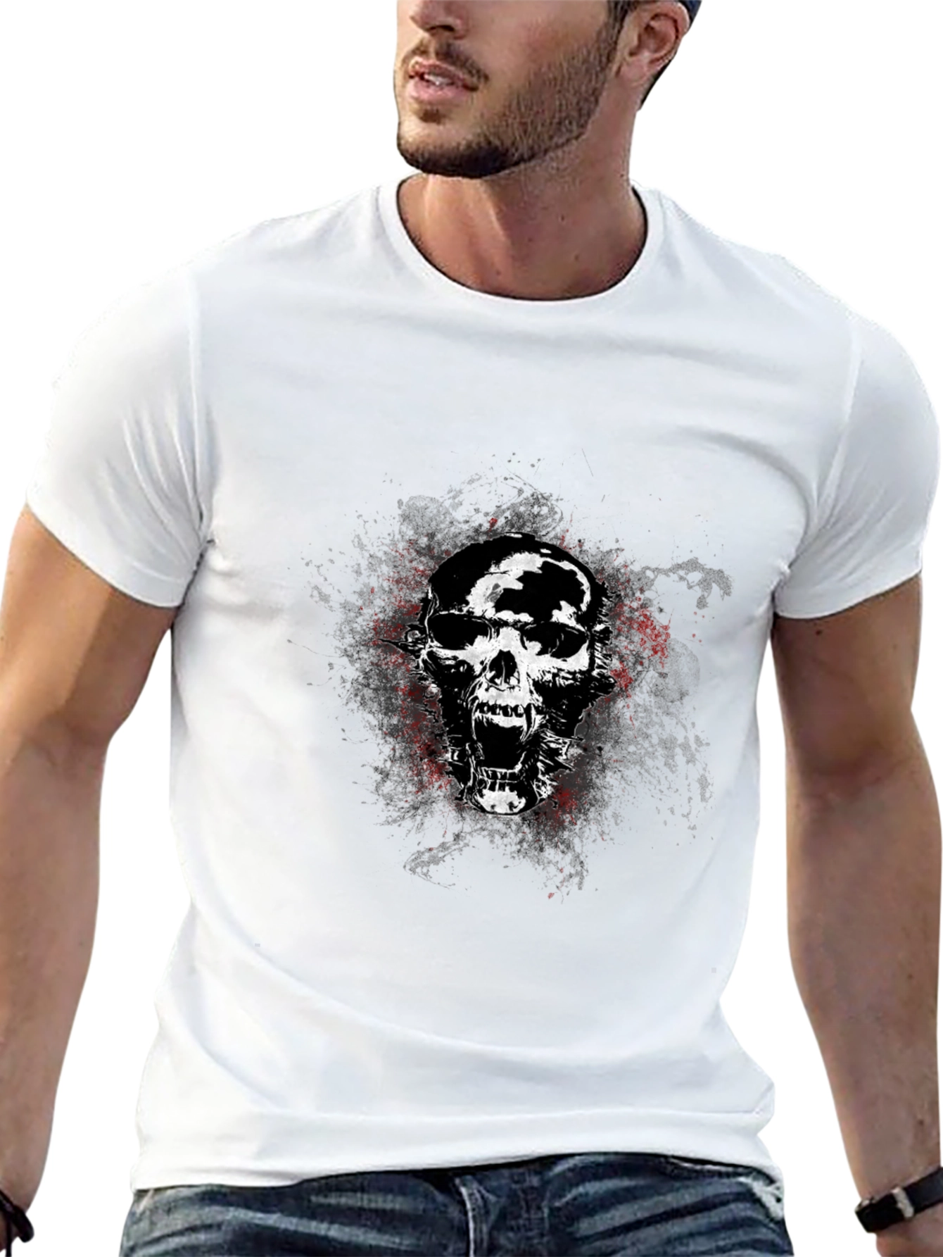 Edgy Skull Graphic Tee - Black Cotton Blend T-Shirt