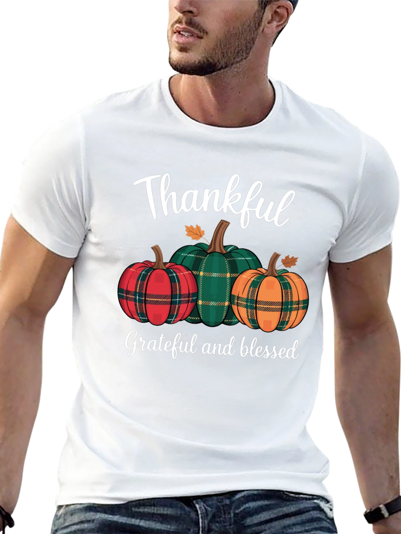 Thankful Pumpkin Plaid T-Shirt - Fall Thanksgiving Tee