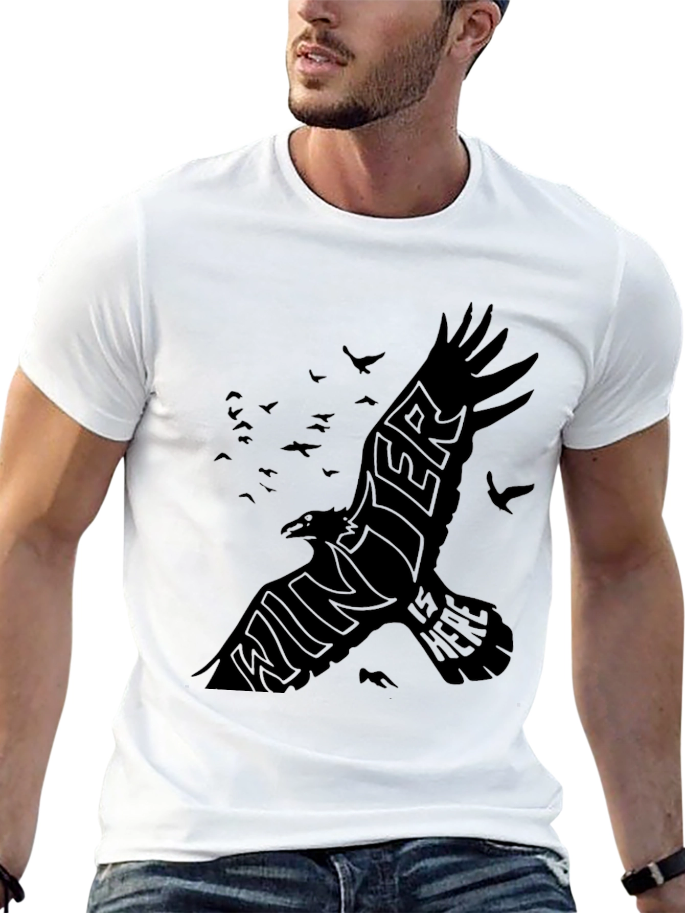 Mens Black Raven Winter is Here Graphic T-Shirt