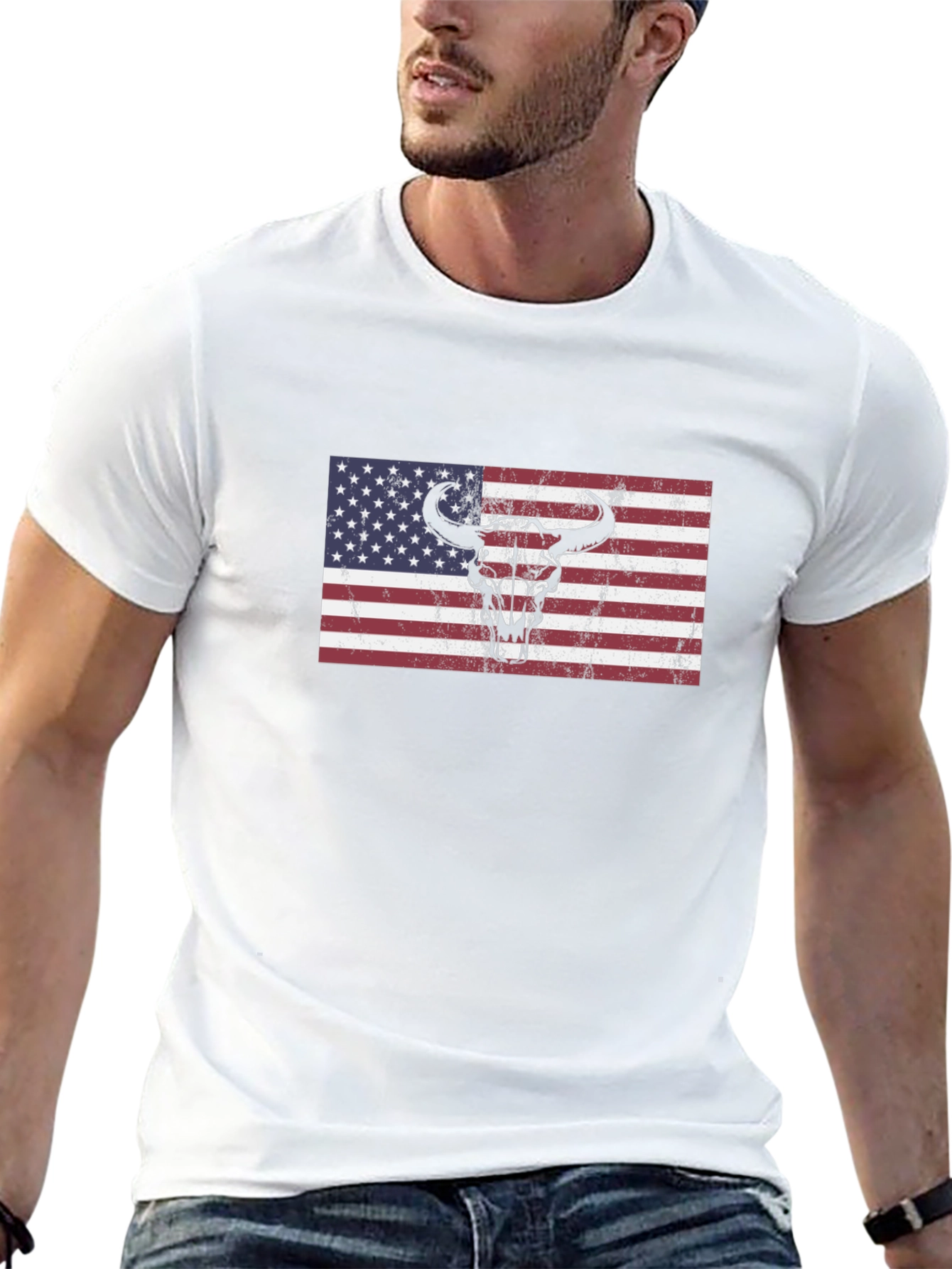 American Flag Bull Skull Graphic Tee - Black