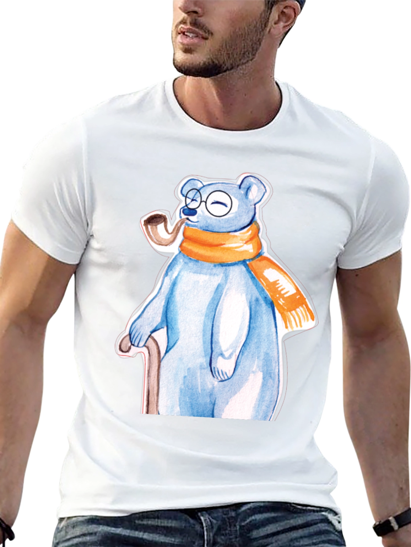 Bear with Pipe Graphic Tee - Unique T-Shirt