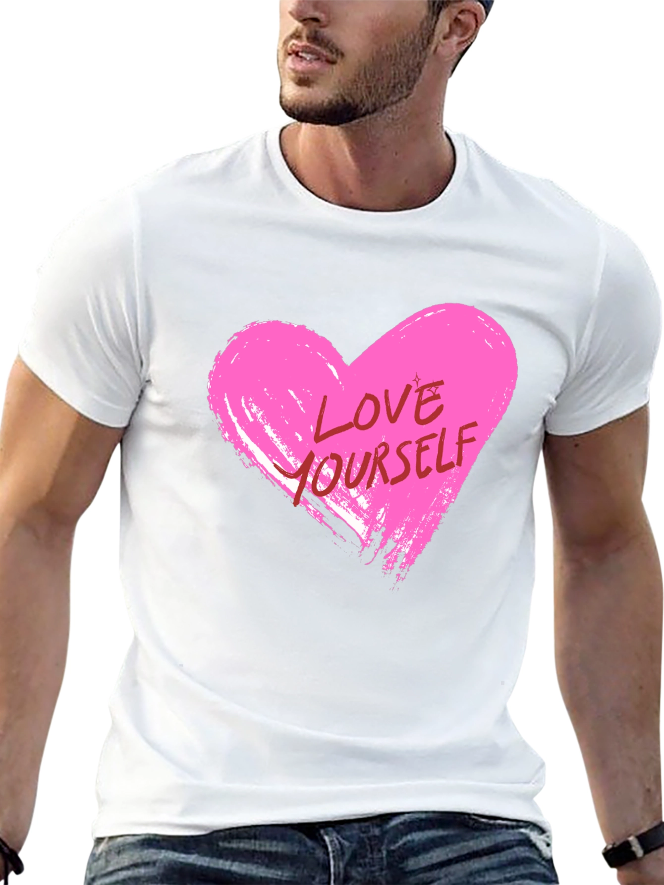 Love Yourself Pink Heart Graphic Black T-Shirt