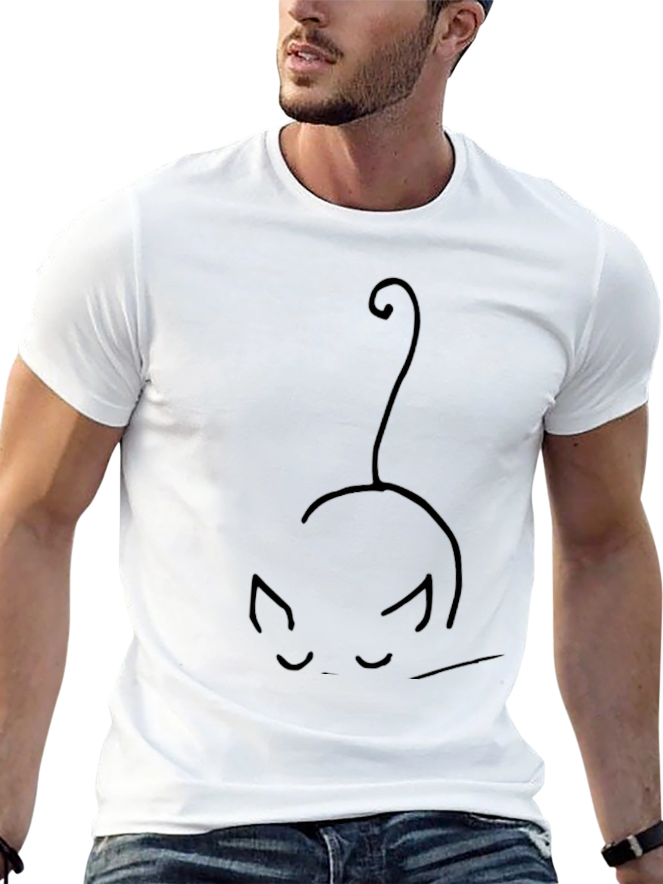 Minimalist Cat Line Art Black T-Shirt