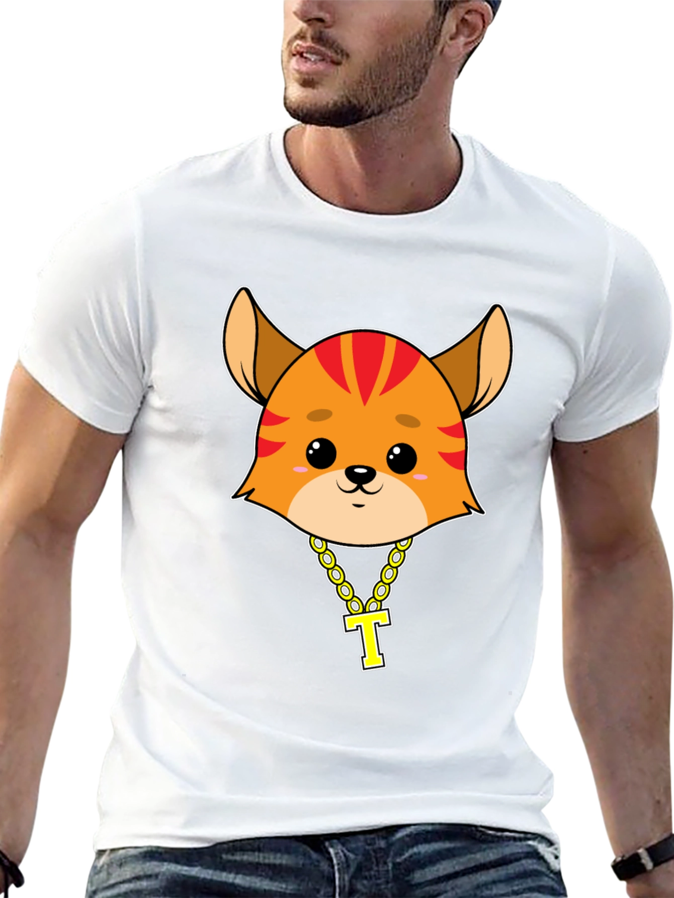 Cartoon Cat with Gold Chain T-Shirt - Black