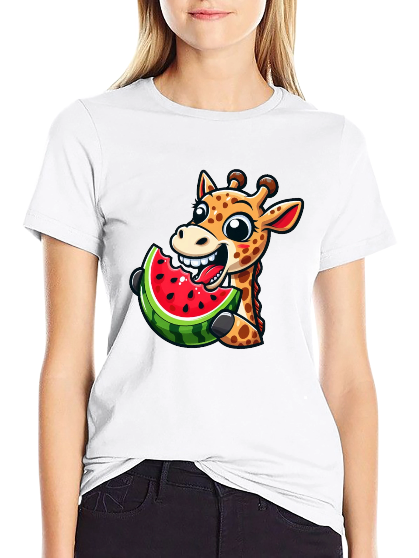 Giraffe Eating Watermelon Graphic T-Shirt