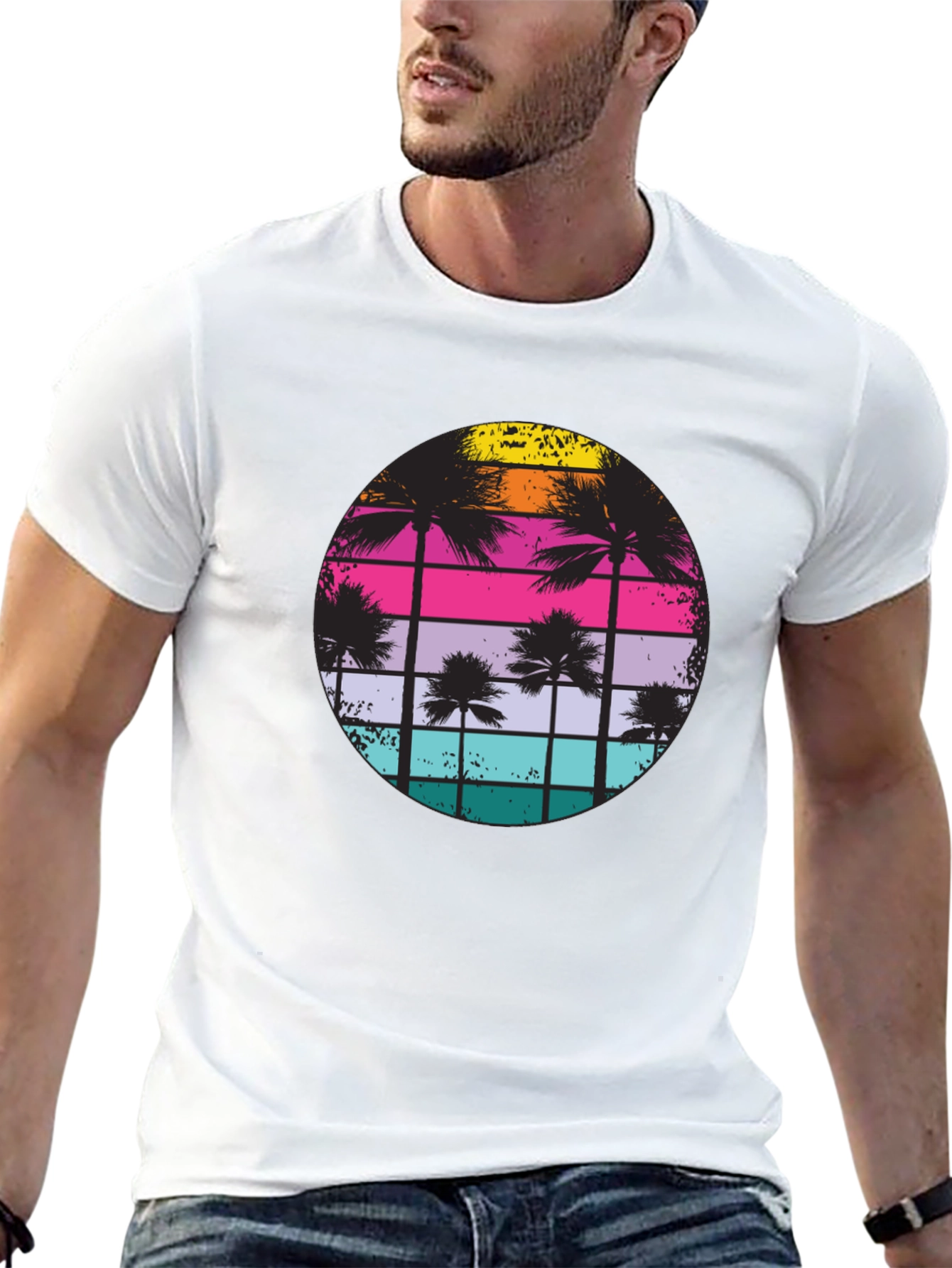 Retro Sunset Palm Tree Graphic T-Shirt