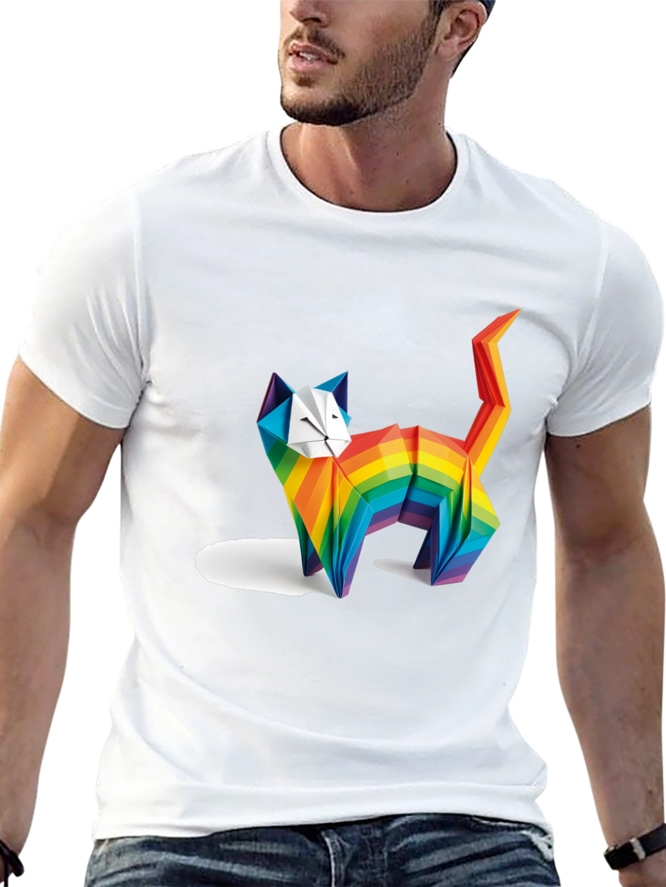 Rainbow Origami Cat Graphic T-Shirt