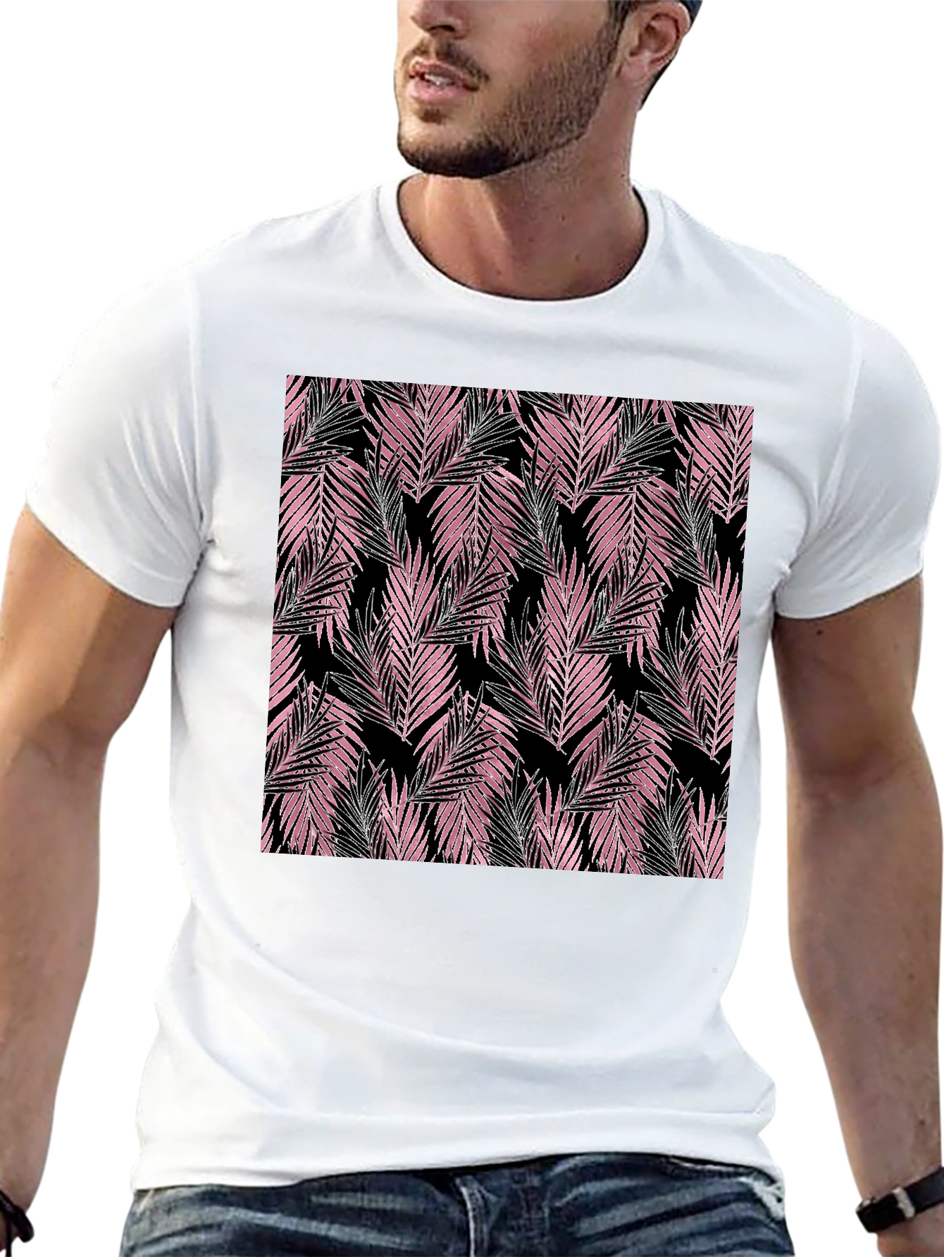 Tropical Pink Leaves Black T-Shirt