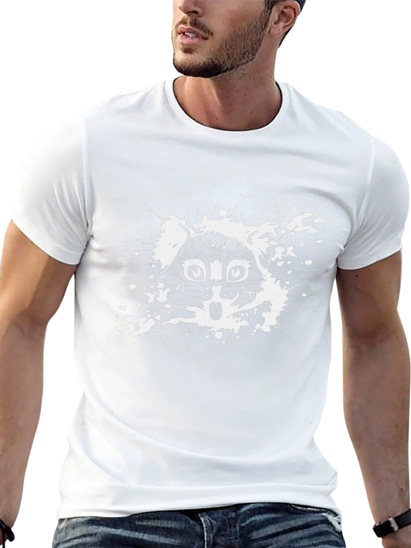 Mens Black T-Shirt with Surprised Cat Graphic