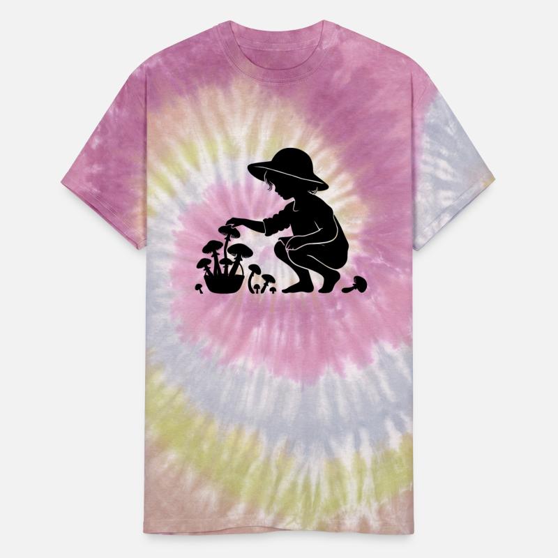 charming silhouette motif girl collects mushrooms