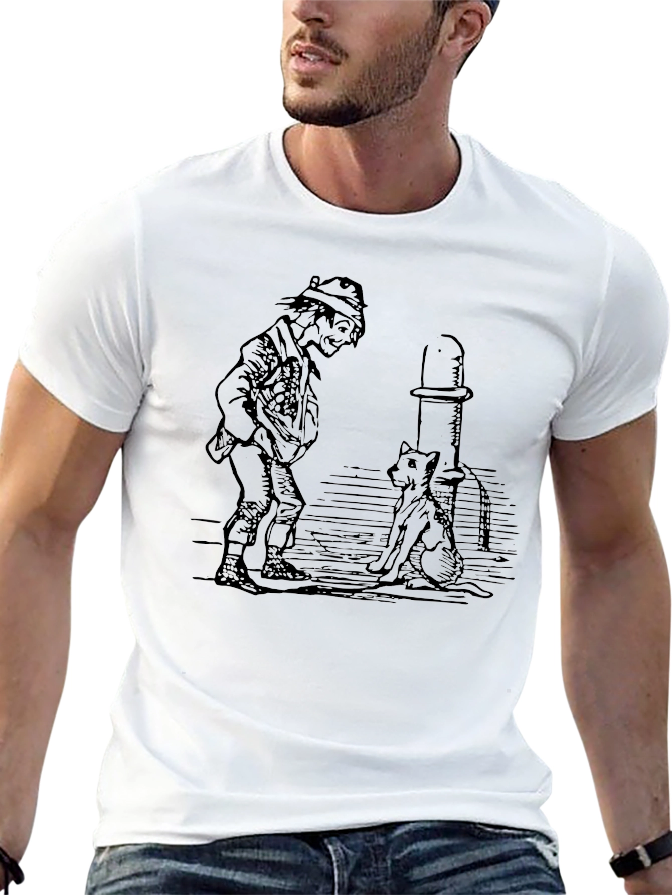 Whimsical Man & Dog Graphic Tee - Black