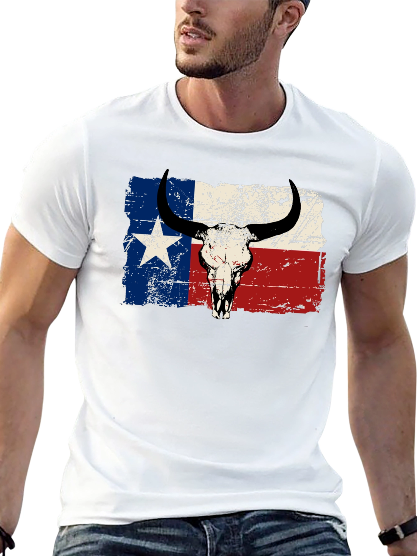 Texas Flag Bull Skull Graphic T-Shirt