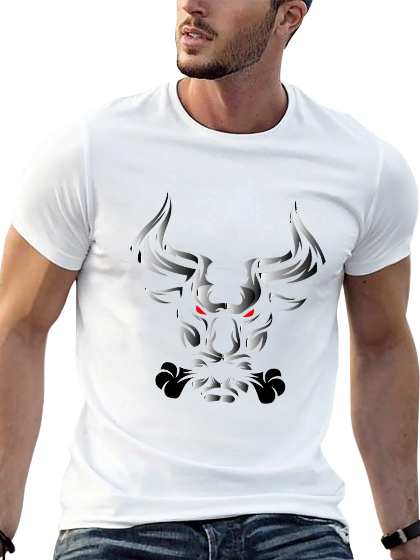 Black T-Shirt with Grayscale Bull Graphic