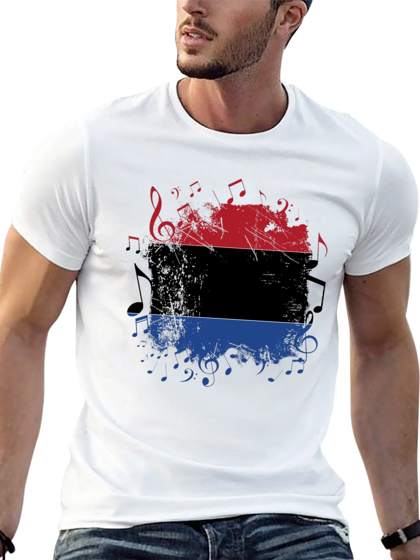 Music Inspired Graphic Tee - Red Black and Blue