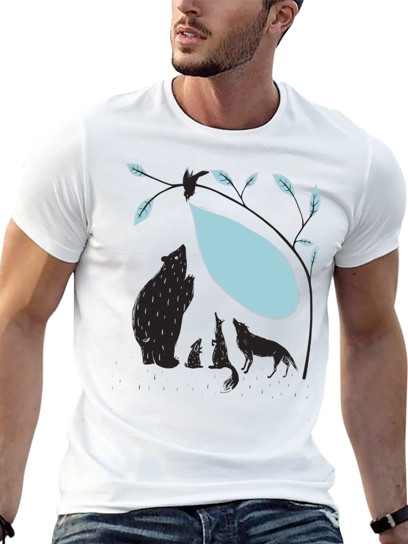 Nature Silhouette Graphic Tee - Bear Wolf Tree Design