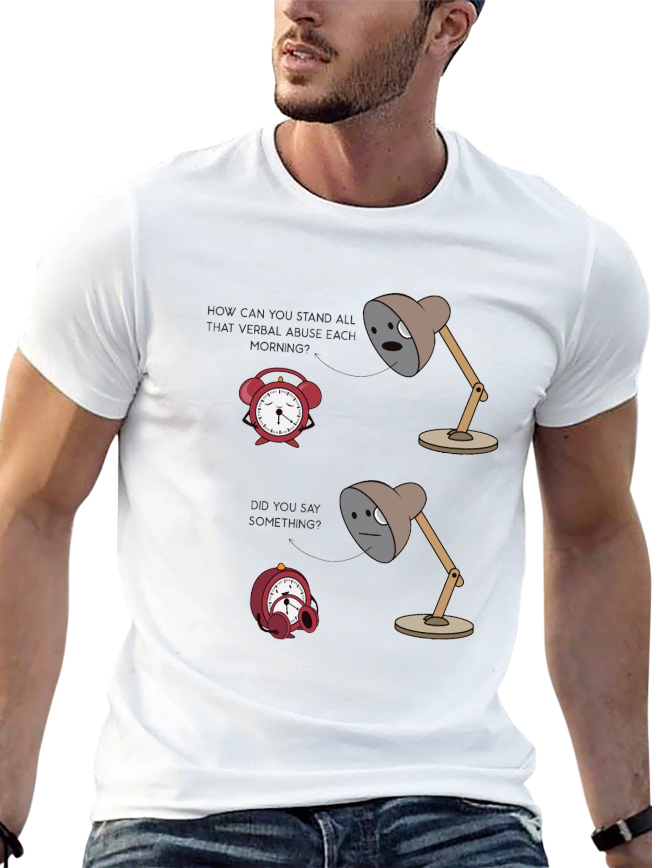 Humorous Graphic T-Shirt: Lamp & Alarm Clock Design