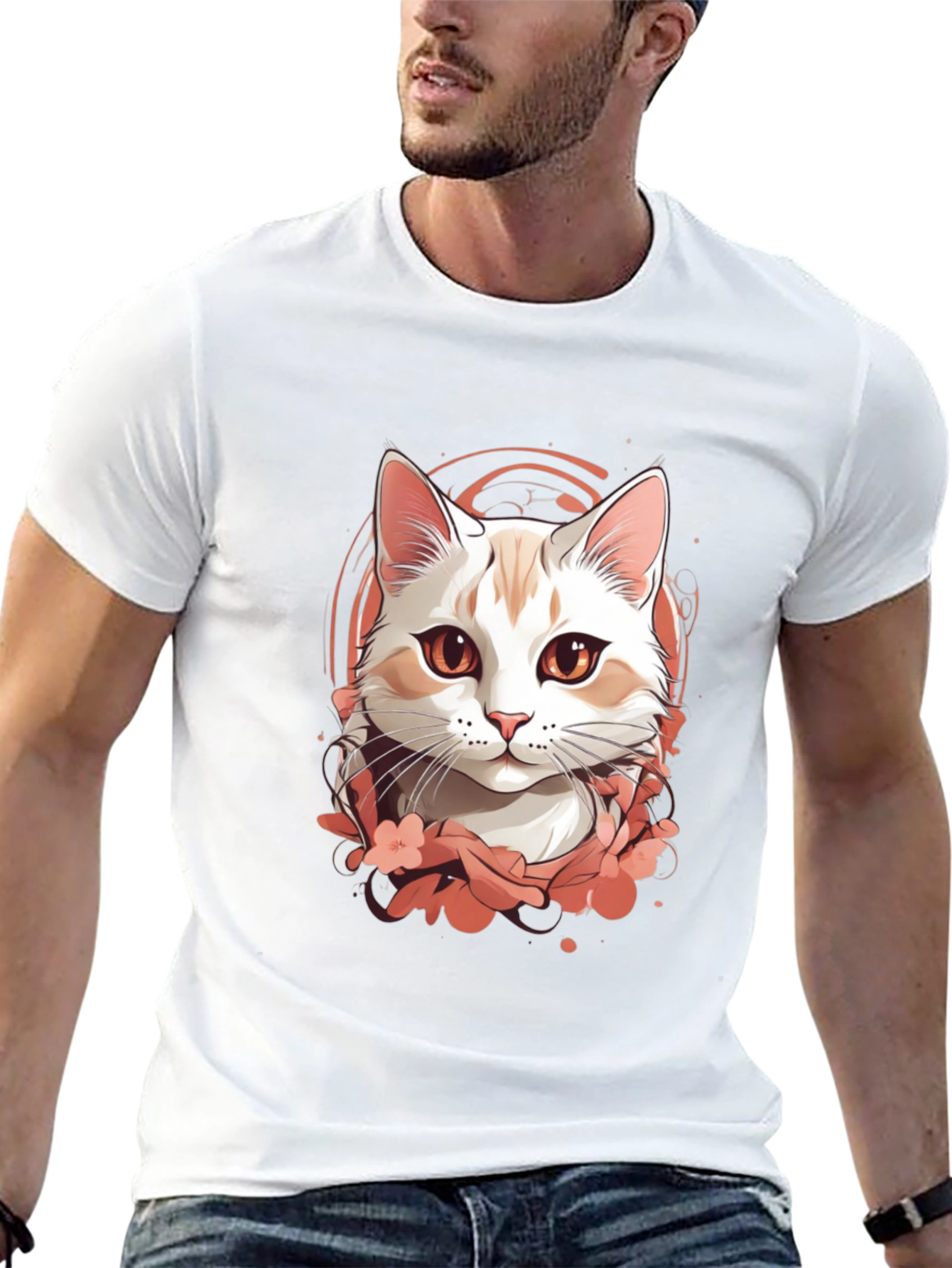Mens Black T-Shirt with Cat Graphic