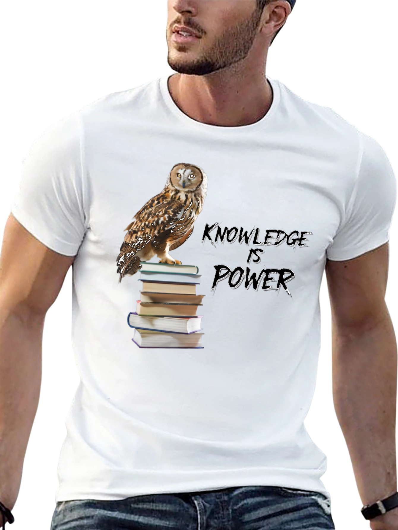 Owl on Books Knowledge is Power Black T-Shirt
