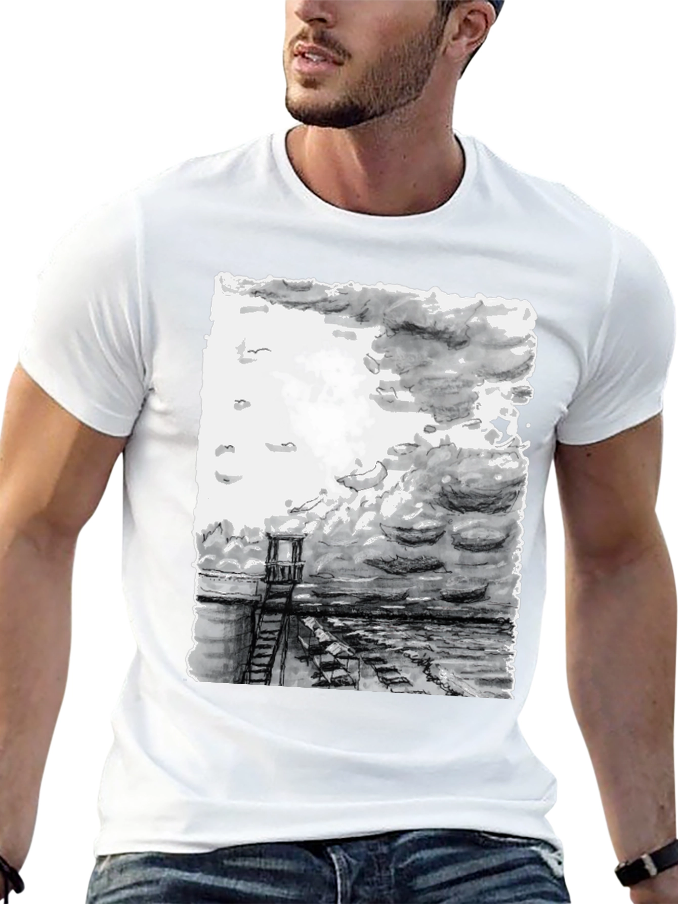 Monochrome Seaside Sketch Tee