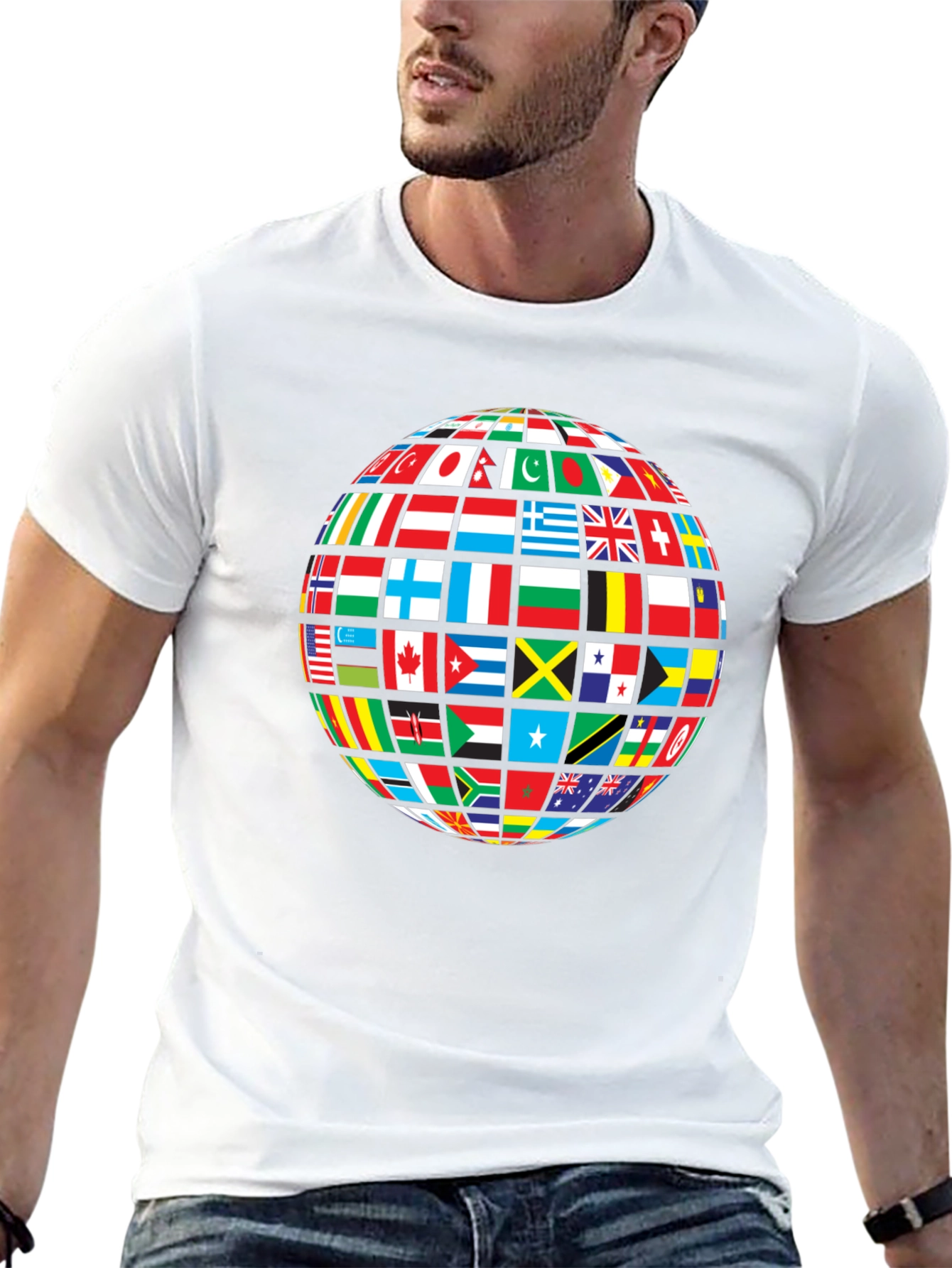 Global Flags Graphic Tee - Black Crew Neck Shirt