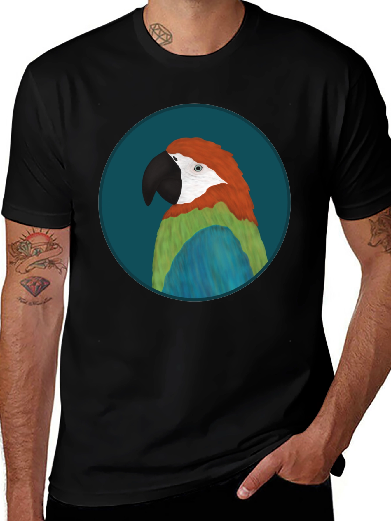 Parrot Graphic Black T-Shirt - Tropical Bird Tee