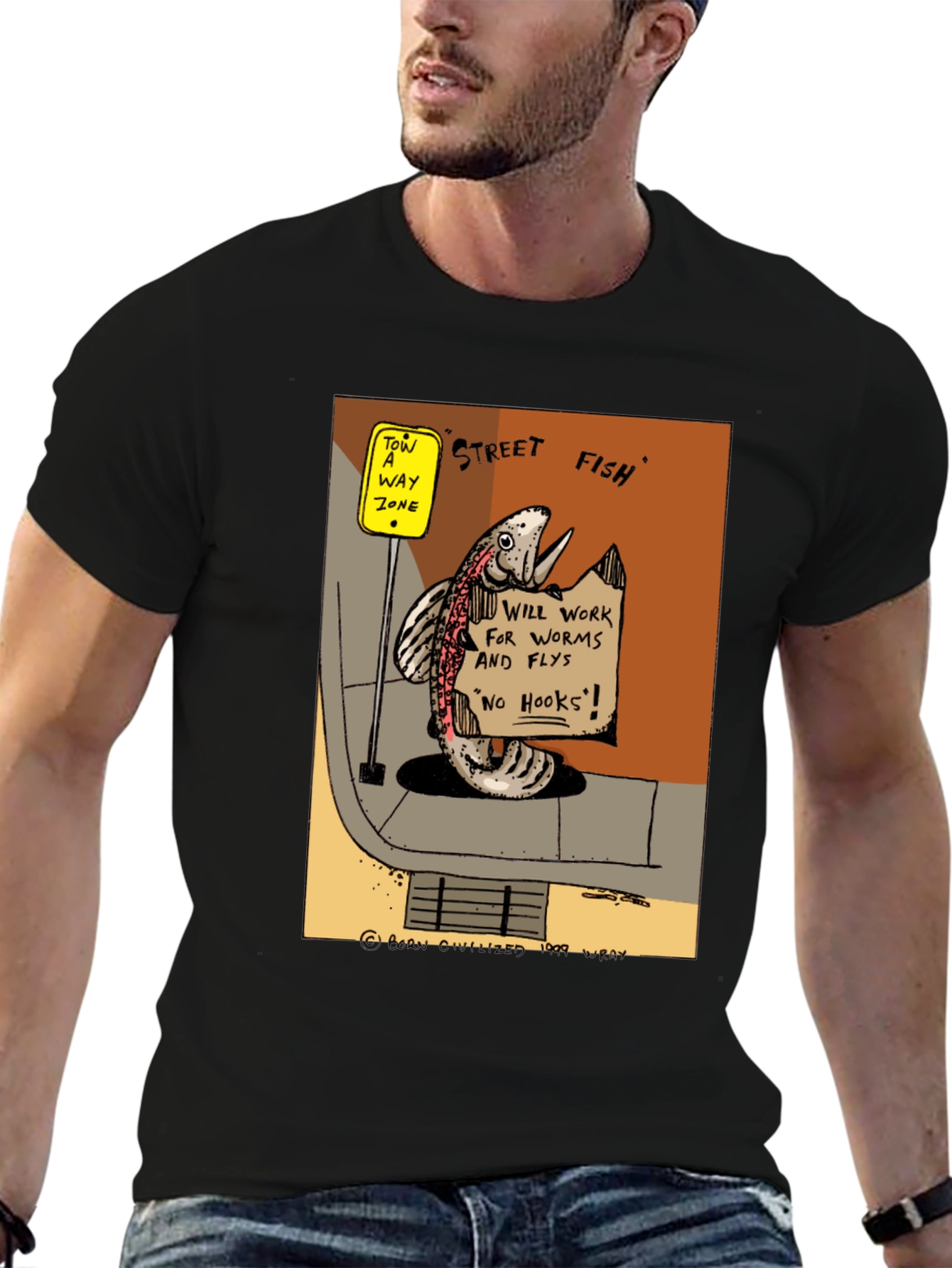 Street Fish Cartoon T-Shirt - Worms & Flies