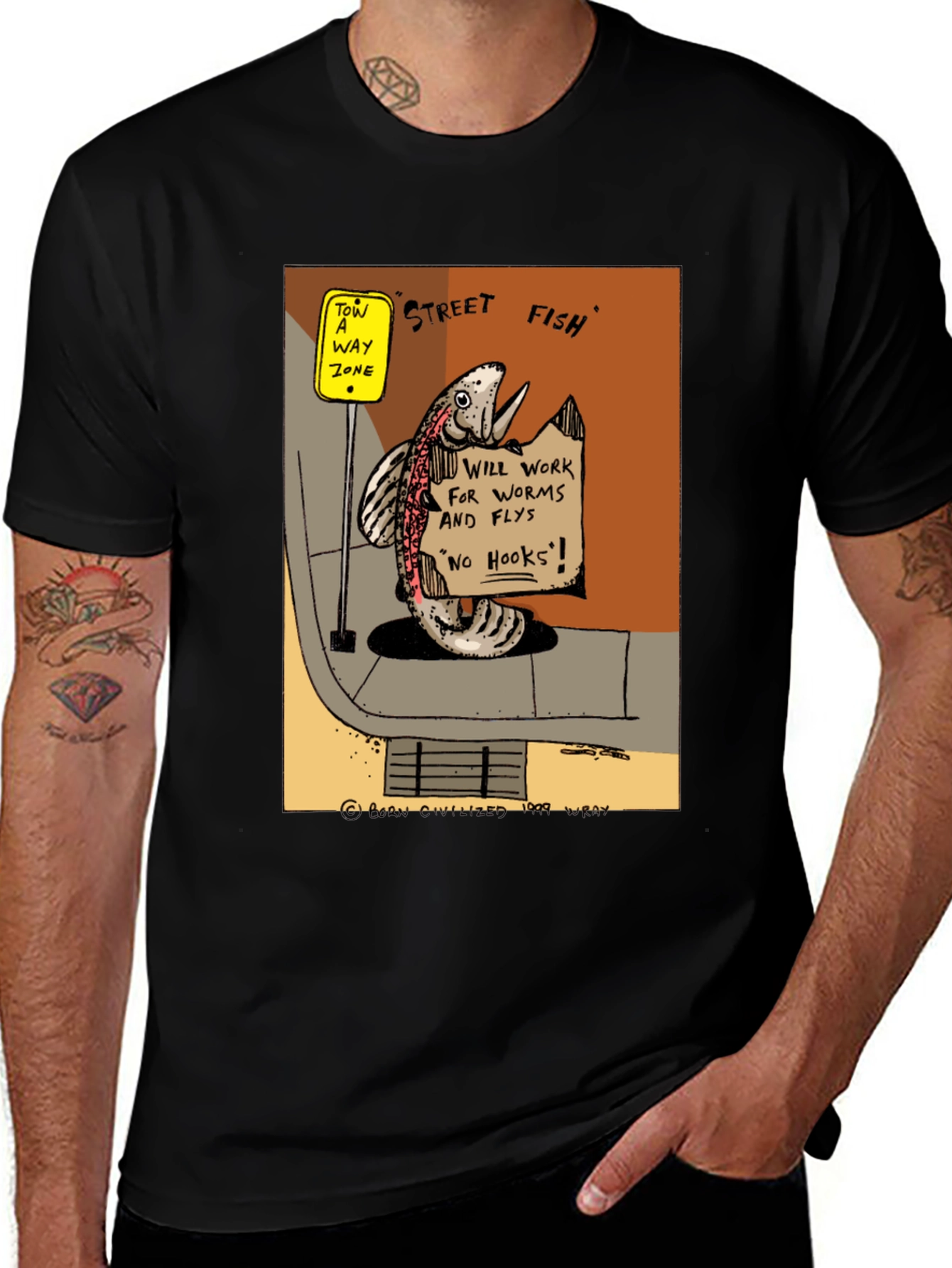 Street Fish Cartoon T-Shirt - Worms & Flies