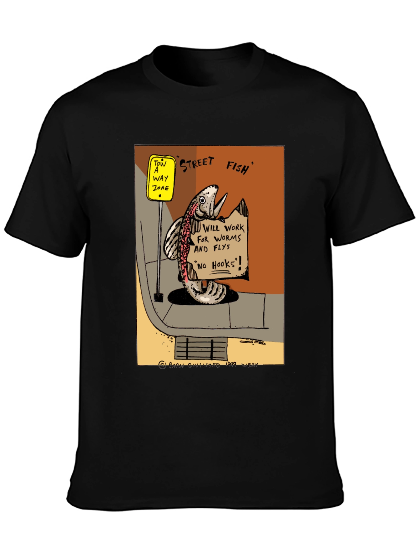 Street Fish Cartoon T-Shirt - Worms & Flies