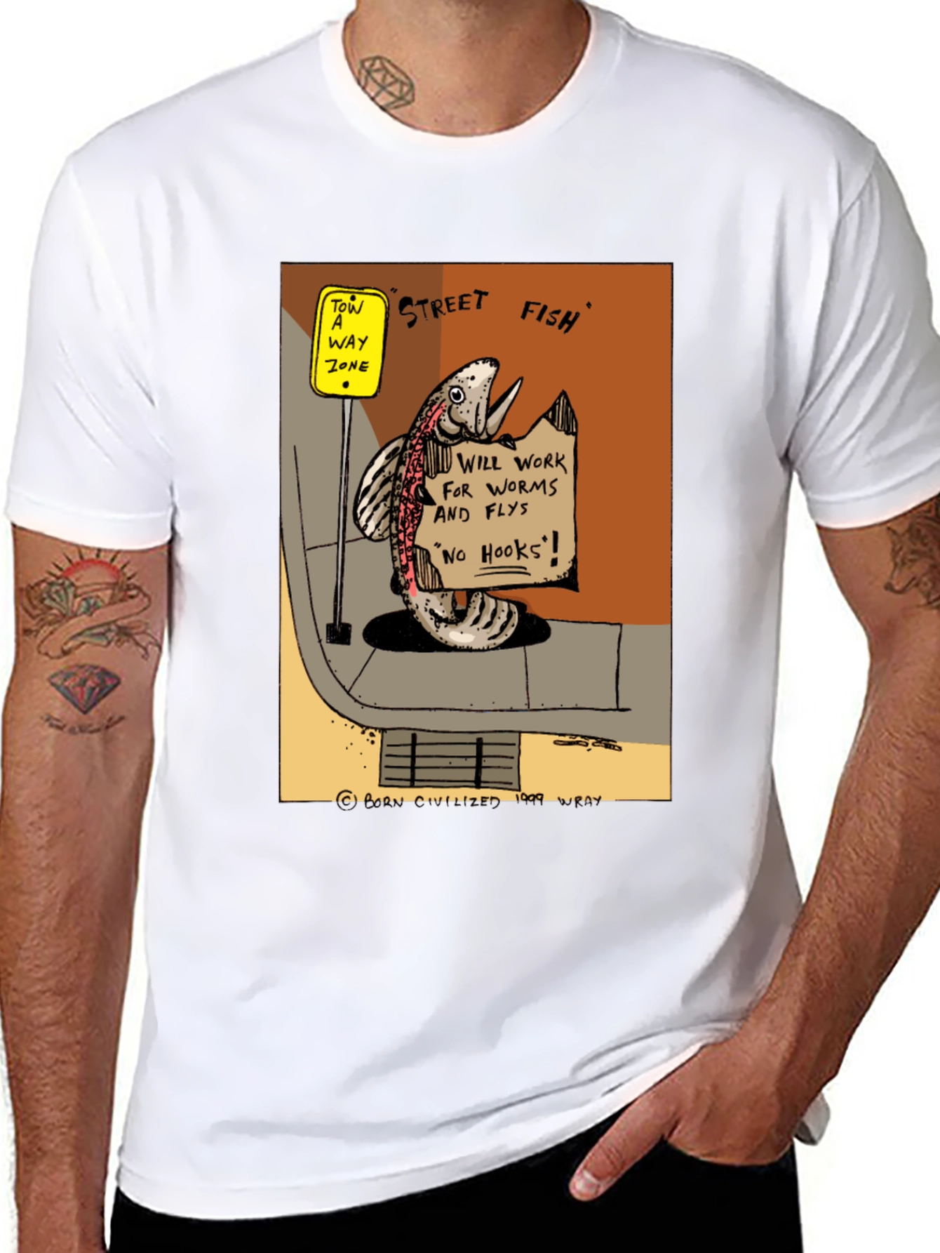 Street Fish Cartoon T-Shirt - Worms & Flies