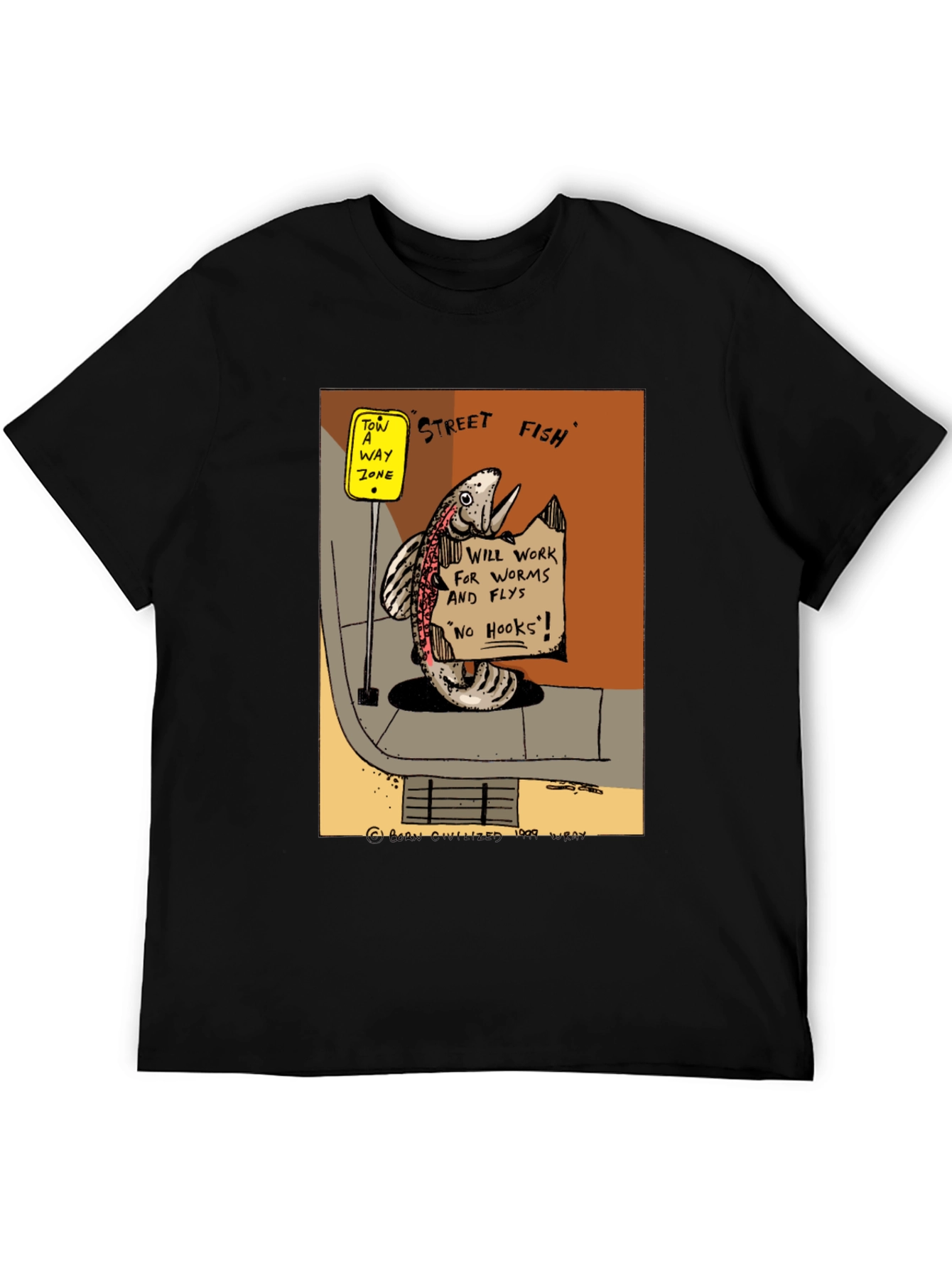 Street Fish Cartoon T-Shirt - Worms & Flies