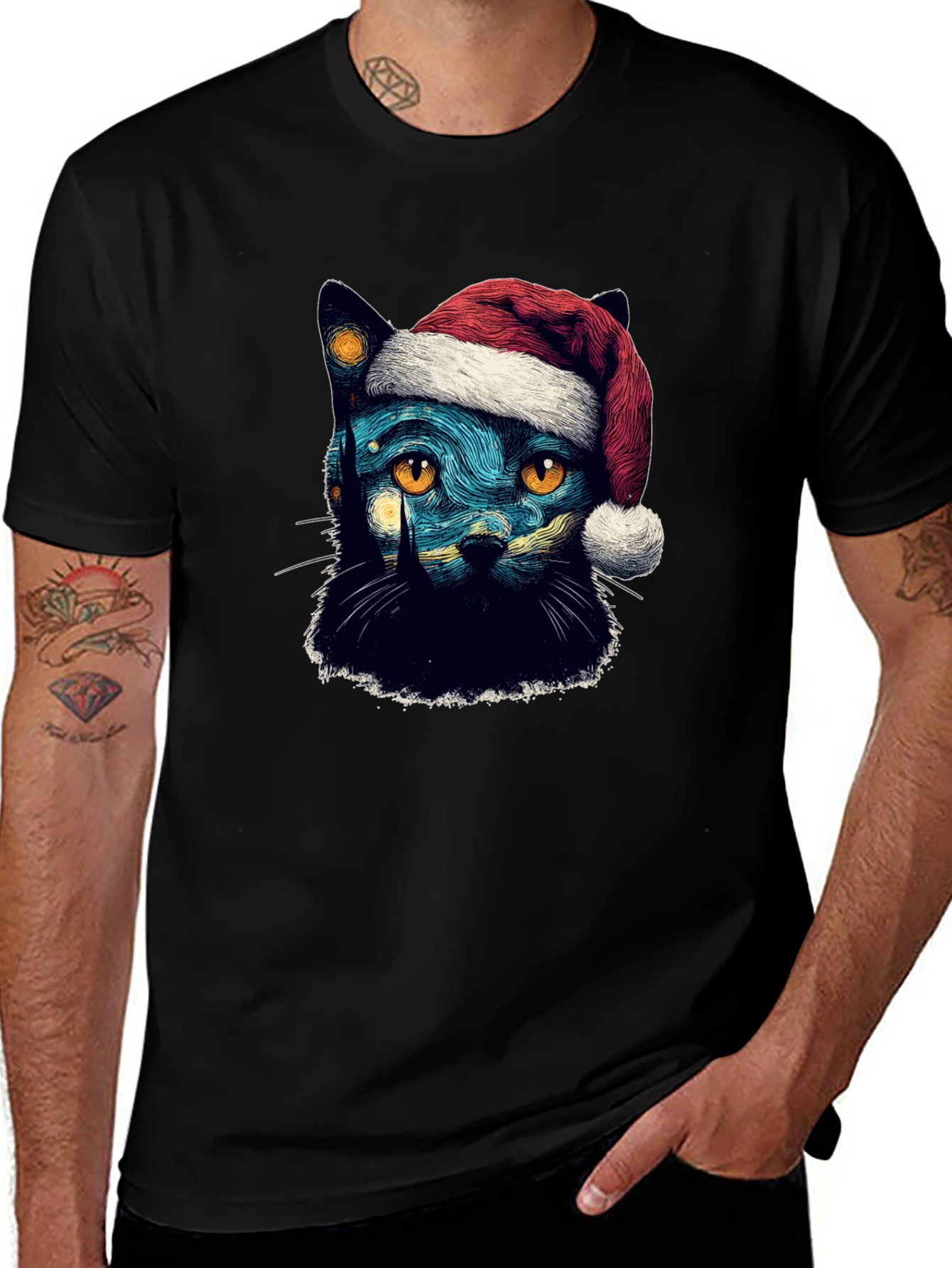 Starry Night Cat Christmas T-Shirt