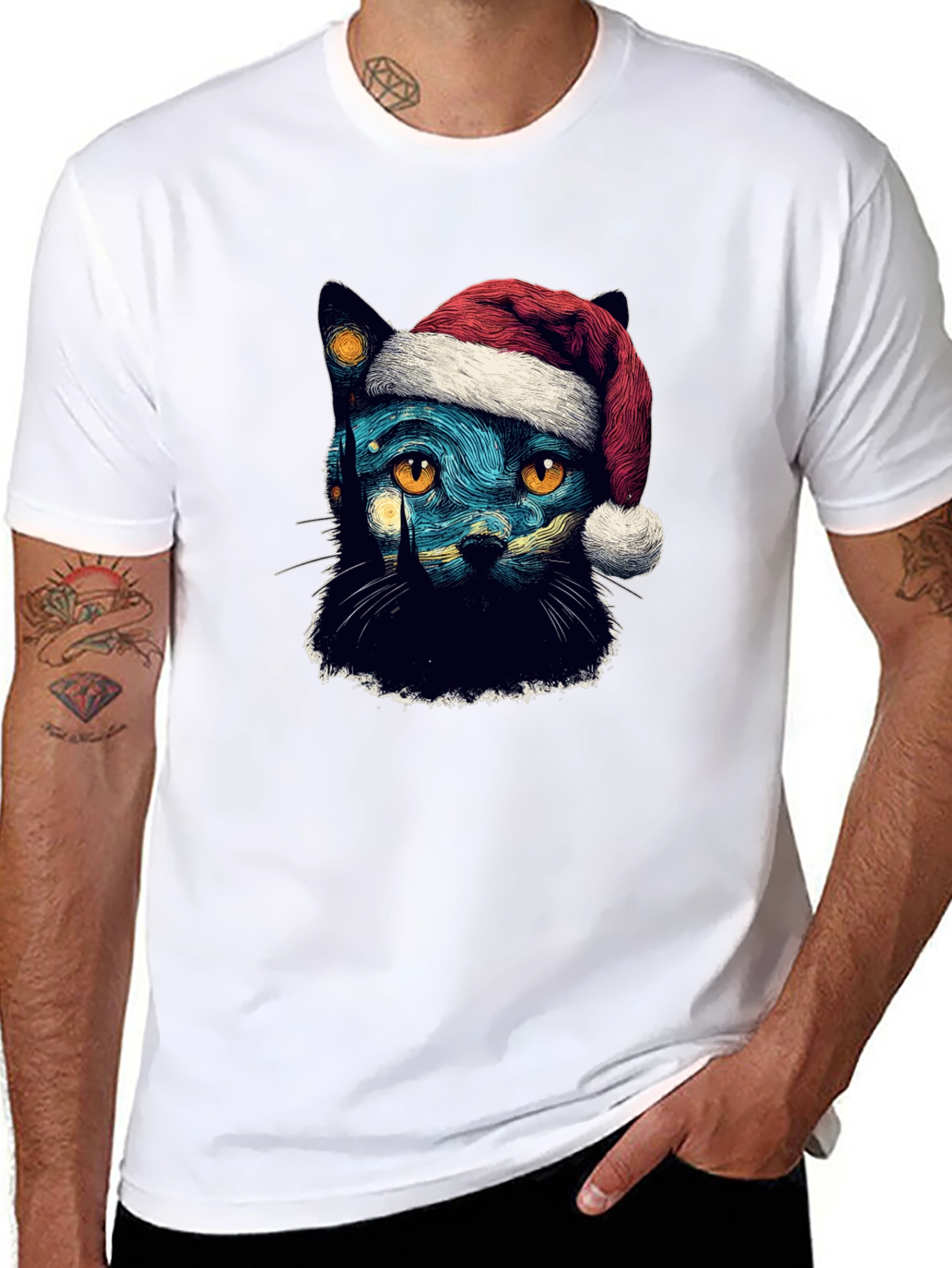 Starry Night Cat Christmas T-Shirt