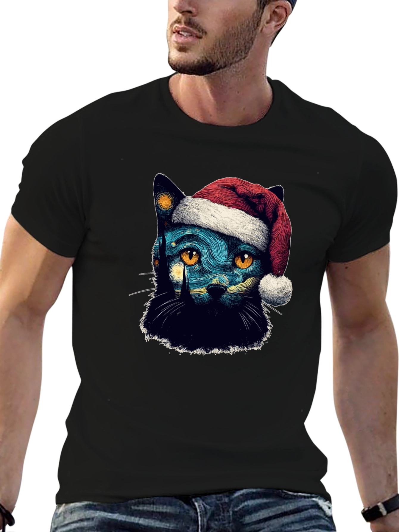Starry Night Cat Christmas T-Shirt
