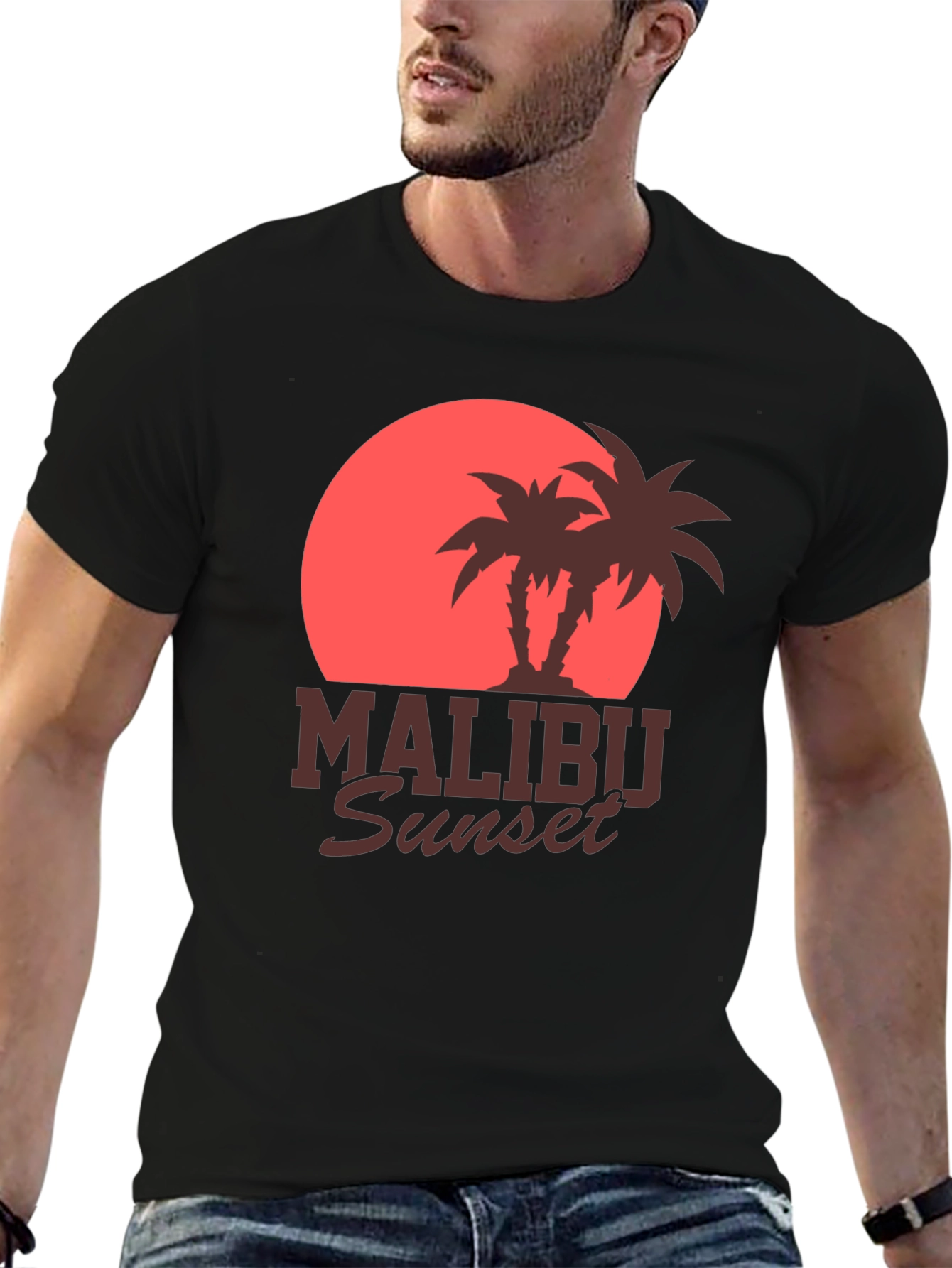 Malibu Sunset Graphic Tee - Retro Palm Tree Design