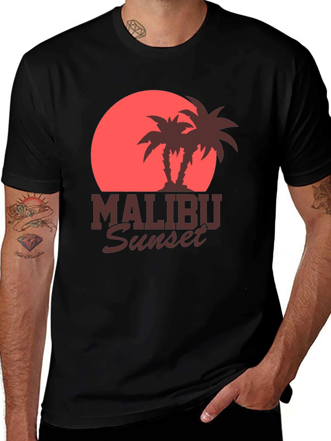 Malibu Sunset Graphic Tee - Retro Palm Tree Design
