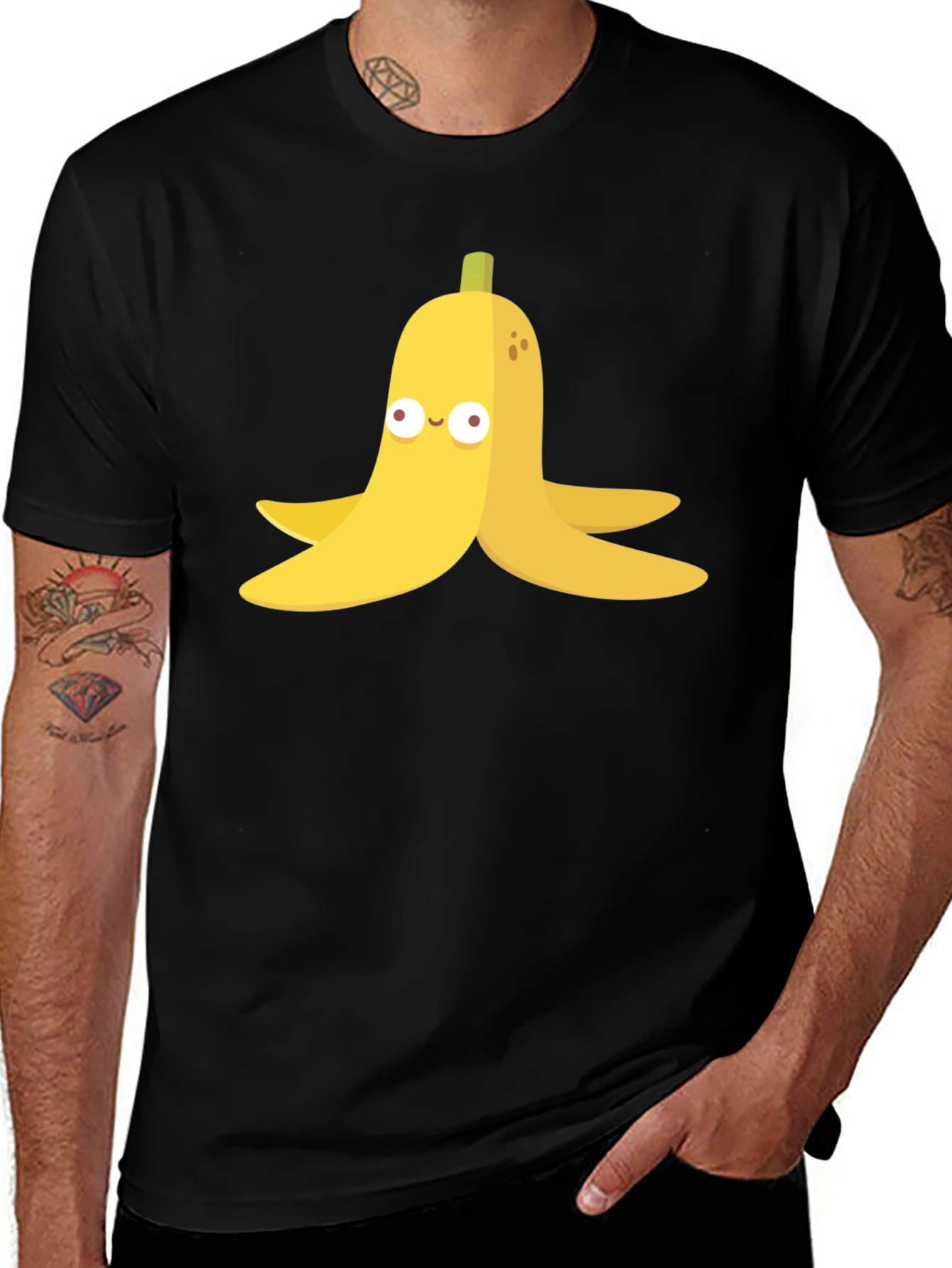 Banana Peel Cartoon Graphic Black T-Shirt