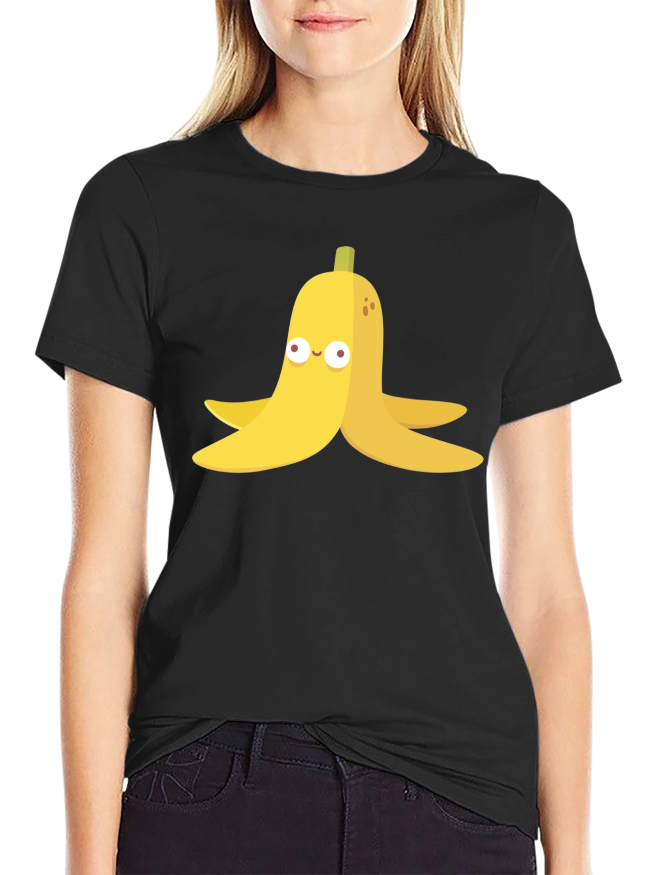 Banana Peel Cartoon Graphic Black T-Shirt