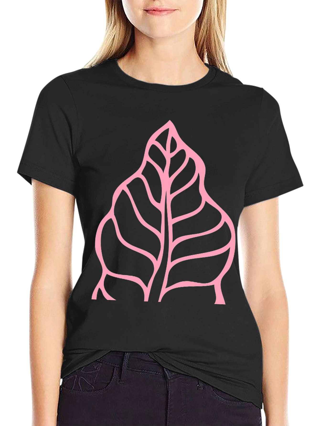 Pink Leaf Graphic Black T-Shirt
