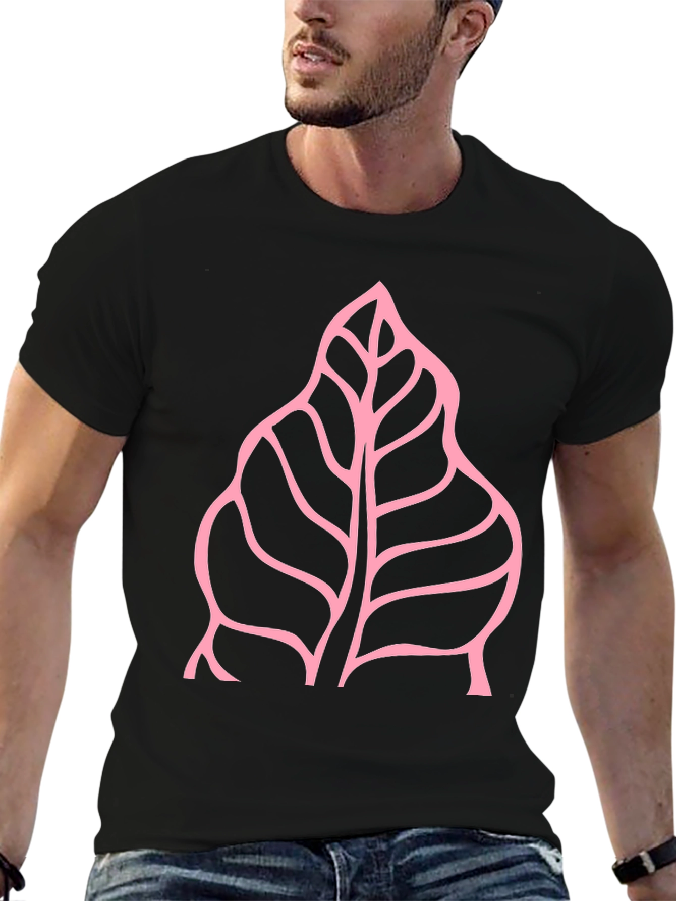 Pink Leaf Graphic Black T-Shirt