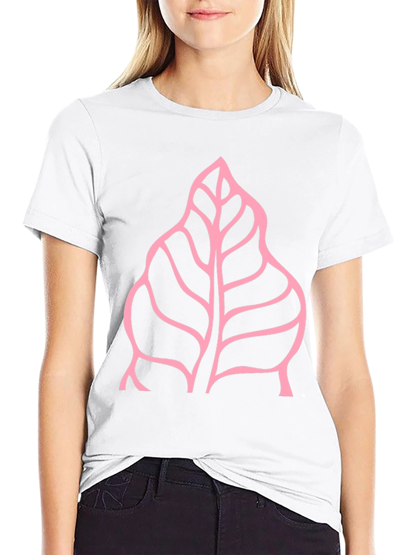 Pink Leaf Graphic Black T-Shirt