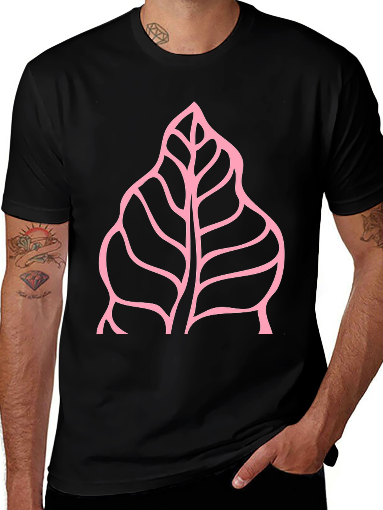Pink Leaf Graphic Black T-Shirt