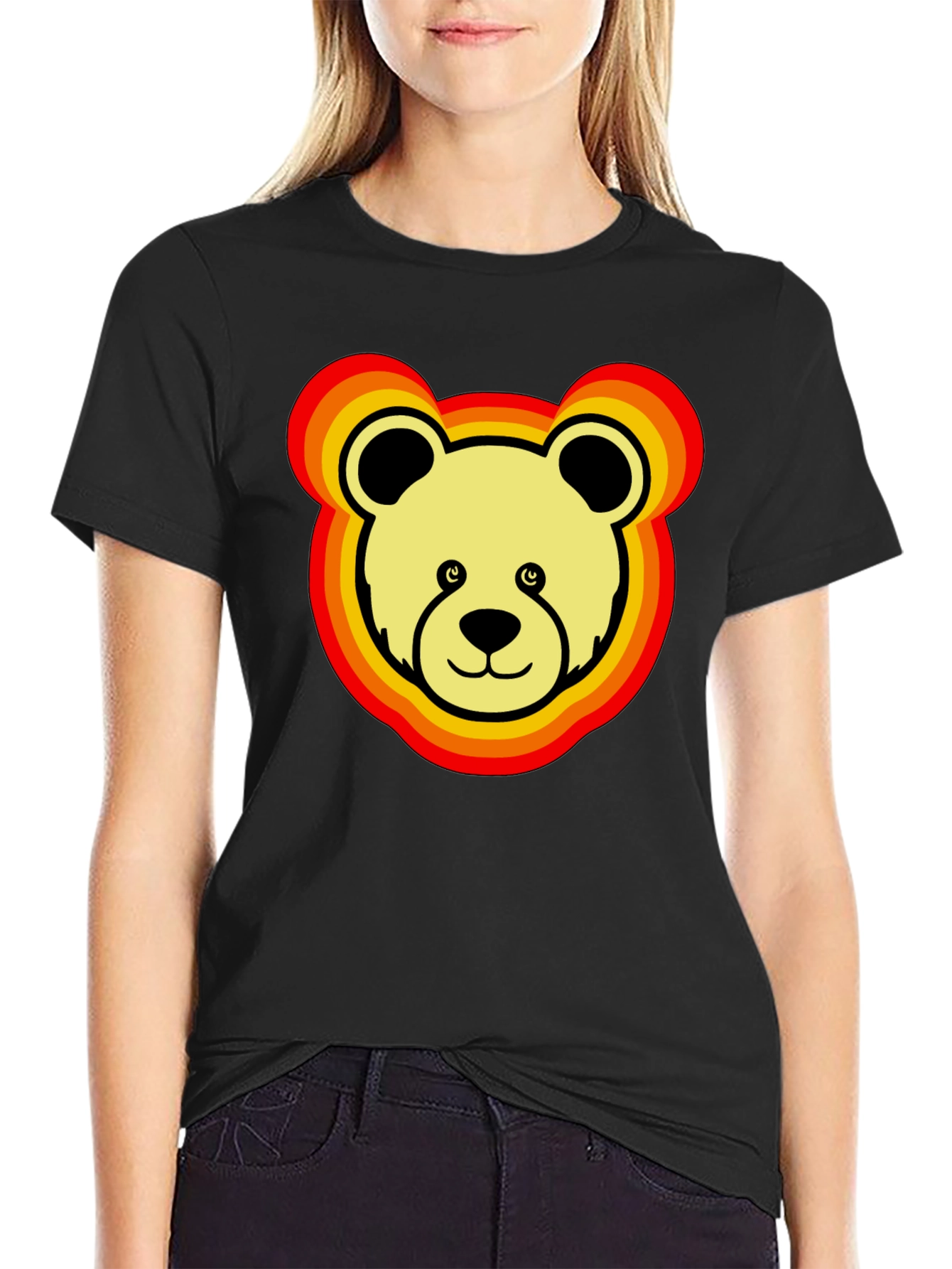 Retro Bear Graphic Tee - Black Cotton Blend