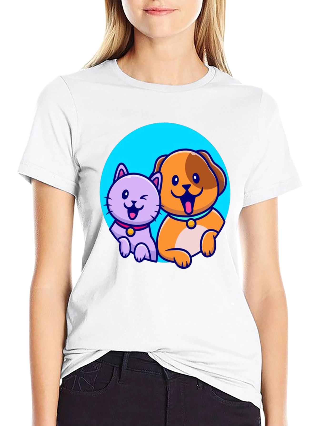 Cute Cartoon Cat and Dog T-Shirt