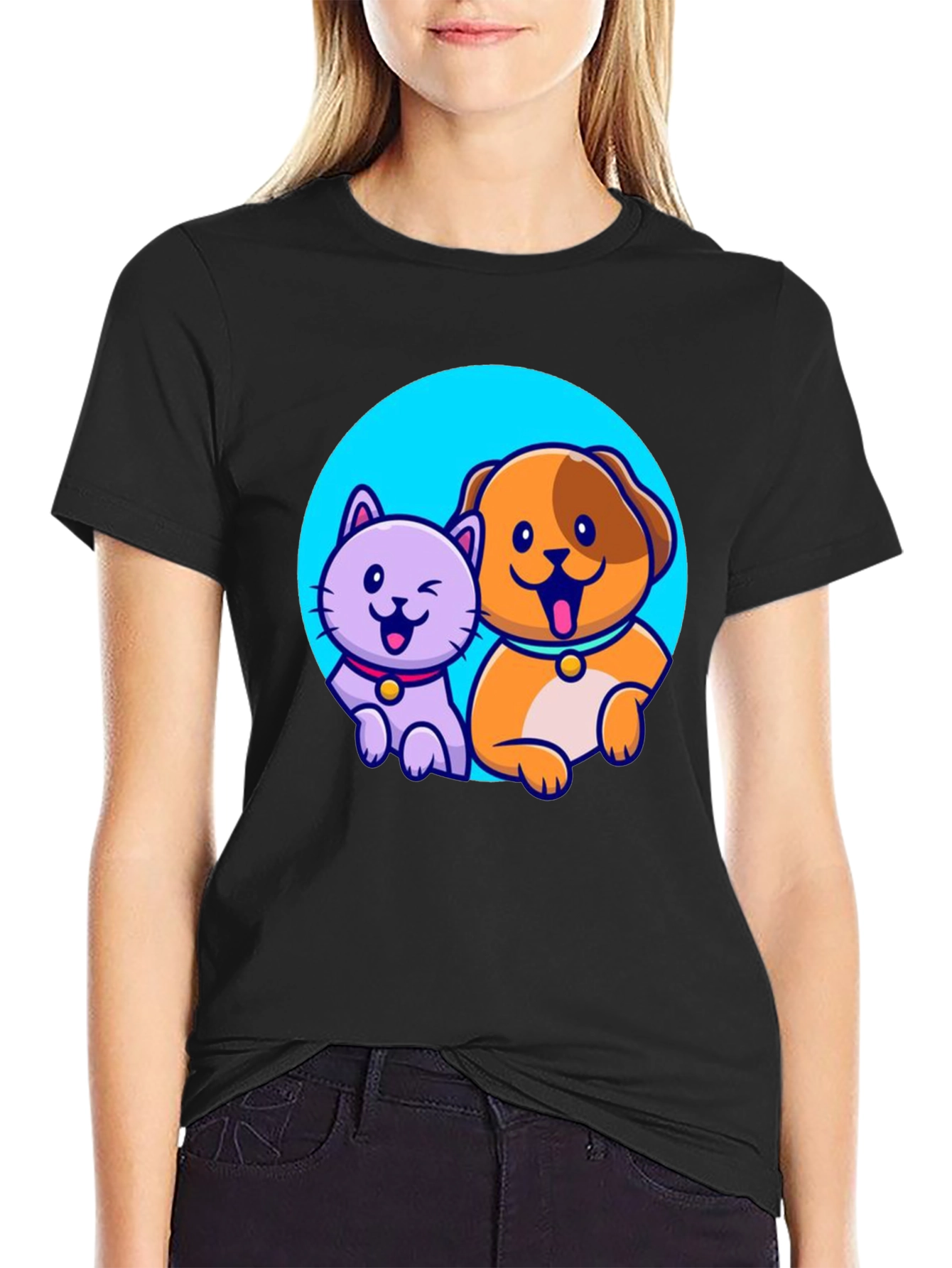 Cute Cartoon Cat and Dog T-Shirt