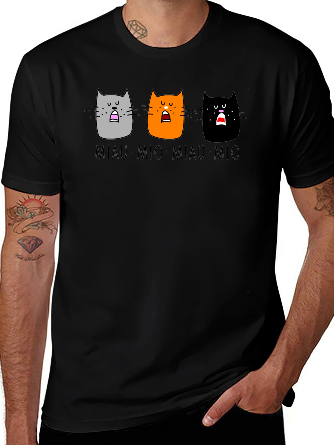 Miaow Mio Cat T-Shirt - Black Crew Neck Tee